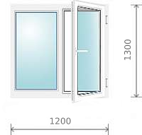 Пластиковое окно (двухстворчатое, с одной поворотно-откидной створкой), 1200x1300 мм