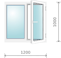 Пластиковое окно (двухстворчатое, с одной поворотно-откидной створкой), 1200x1000 мм